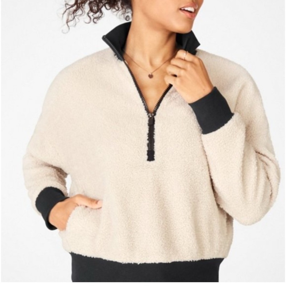 Fabletics L Sherpa Fleece Half Zip Pullover Cream Black Teddy Cozy Outdoor Top